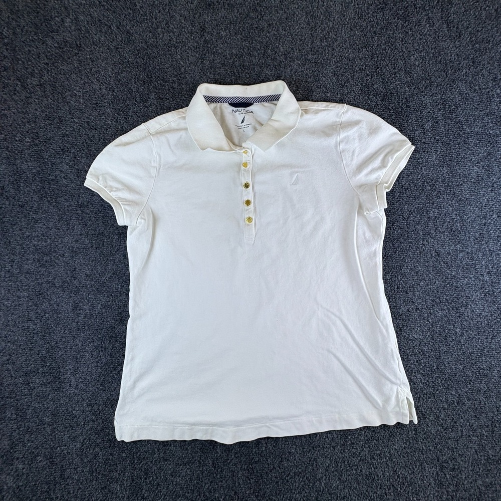 Nautica Polo Shirt Womens Large White Cotton Stretch Slim Fit Cap Sleeve Casual